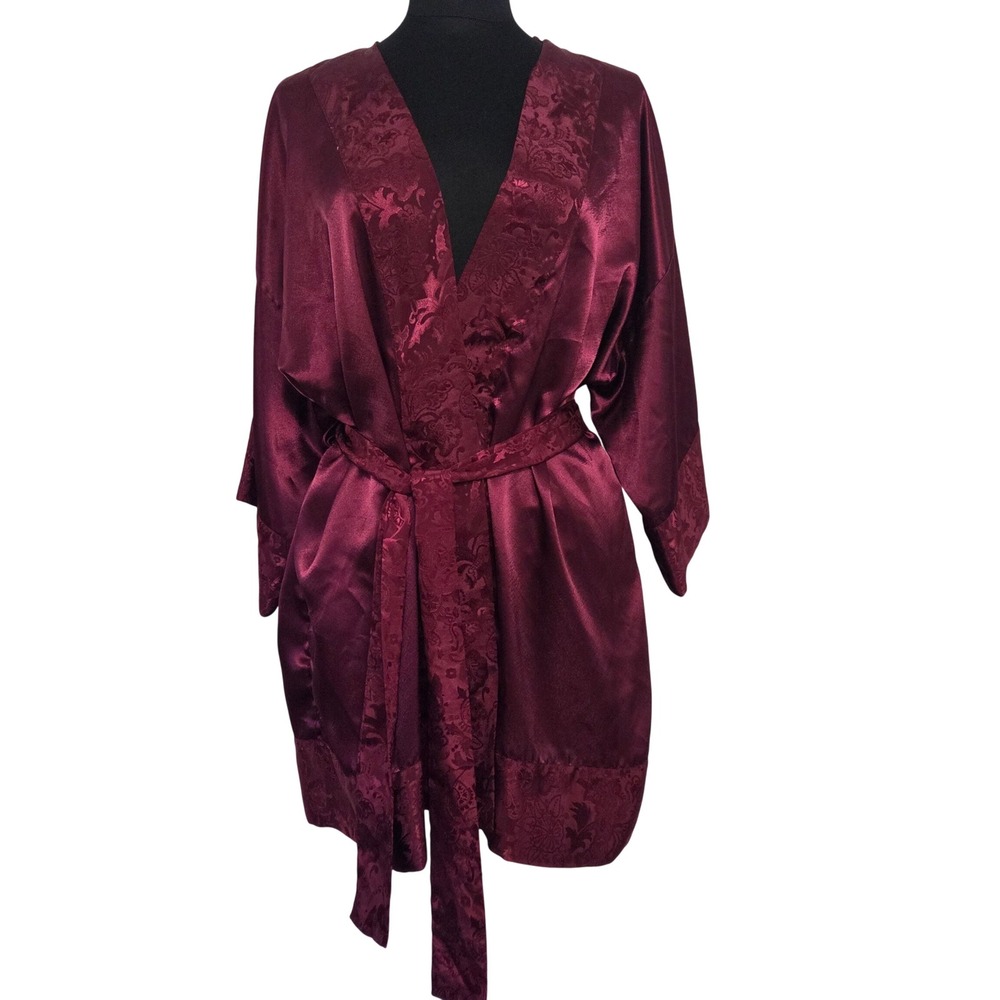Victoria's Secret Vintage Gold Label Burgundy Satin Robe Floral Jacquard Belt OS